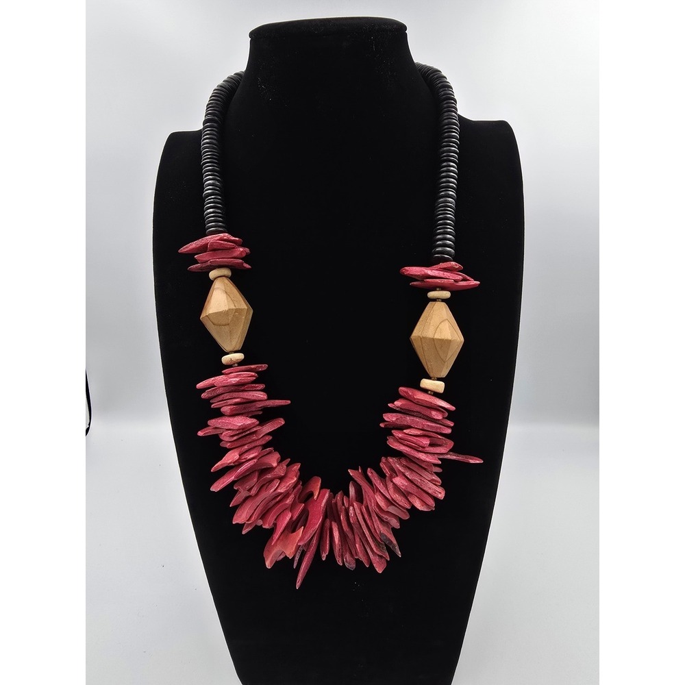Boho Tribal Red Pink Wood & Shell Chip Bib Statement Necklace Black Beaded Brass
